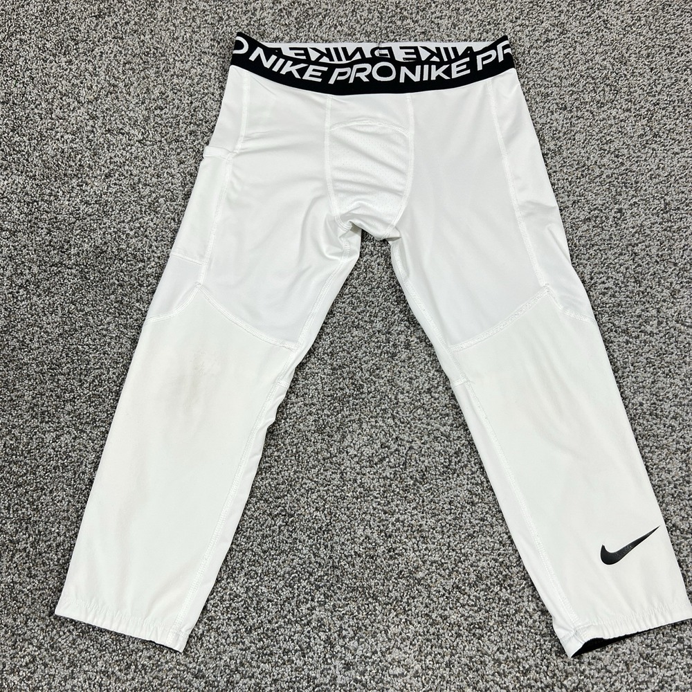 Nike‎ Pro Pants Boys L White Football Compression Swoosh Logo DriFit